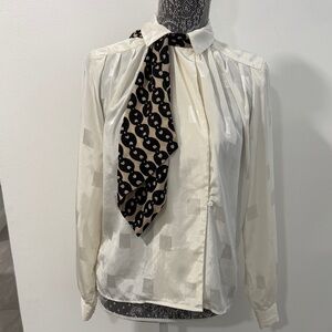 Liz Claiborne Cream Button-Down Blouse with Black Patterned Neck Tie